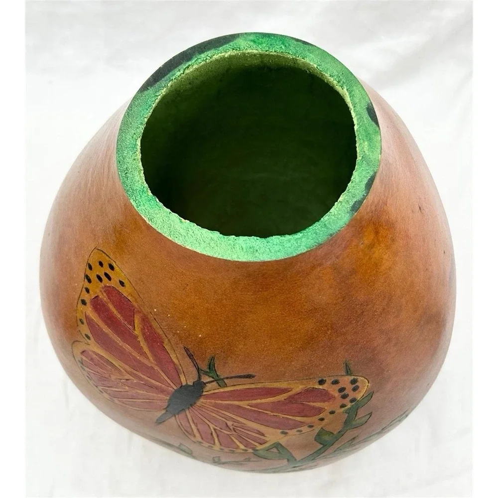 Hand Painted Butterfly Large Gourd Vase Rustic Folk Art Home Decor